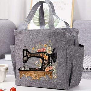 Vintage Sewing Machine Gray Lunch Tote Bag Flowers Handles Zippered Gift NEW